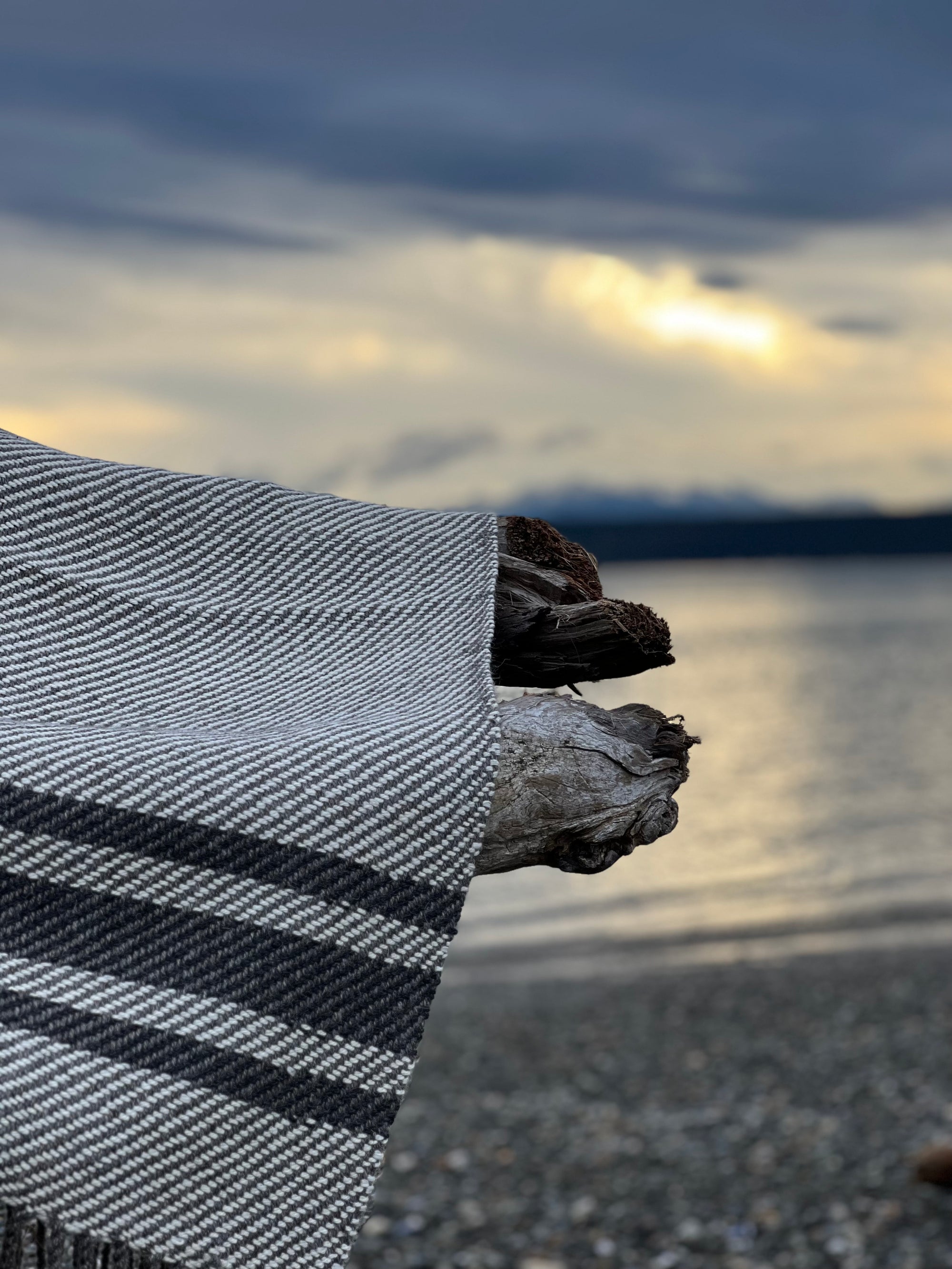 Chunky Throw With Twisted Fringe in Gray/White Twill With 3 Black Stripes