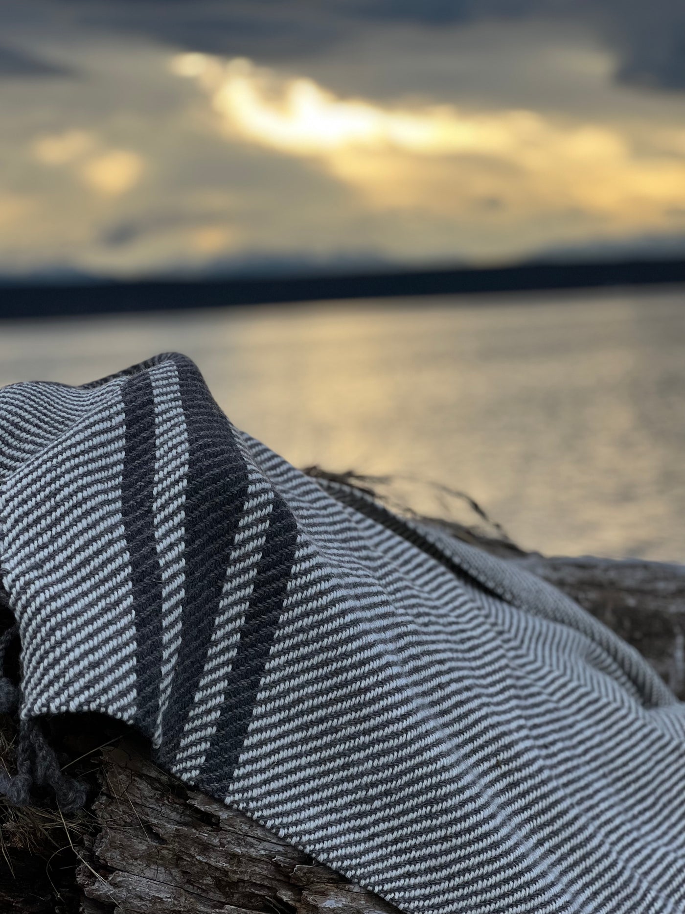 Chunky Throw With Twisted Fringe in Gray/White Twill With 3 Black Stripes