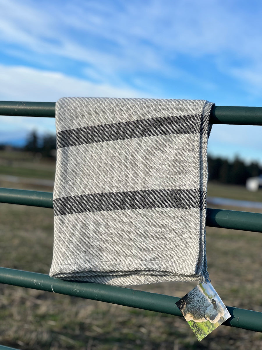 Chunky Blanket With Sewn Hem in White/Gray Twill with 6 2-Inch Black Stripes