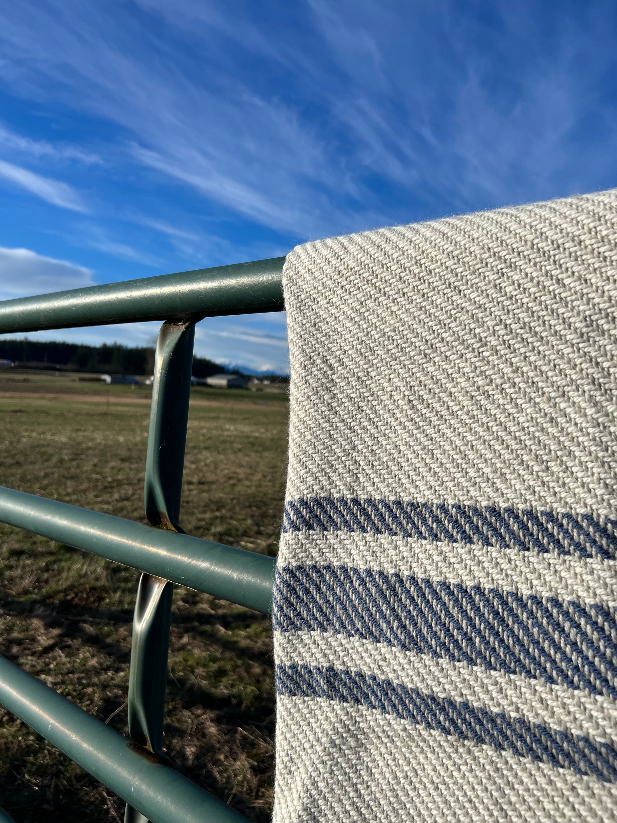 Chunky Blanket With Sewn Hem in White/Gray Twill With 3 Marine Blue Stripes