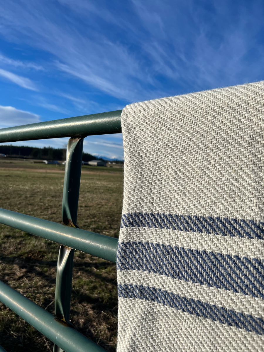 Chunky Blanket With Sewn Hem in White/Gray Twill With 3 Marine Blue Stripes