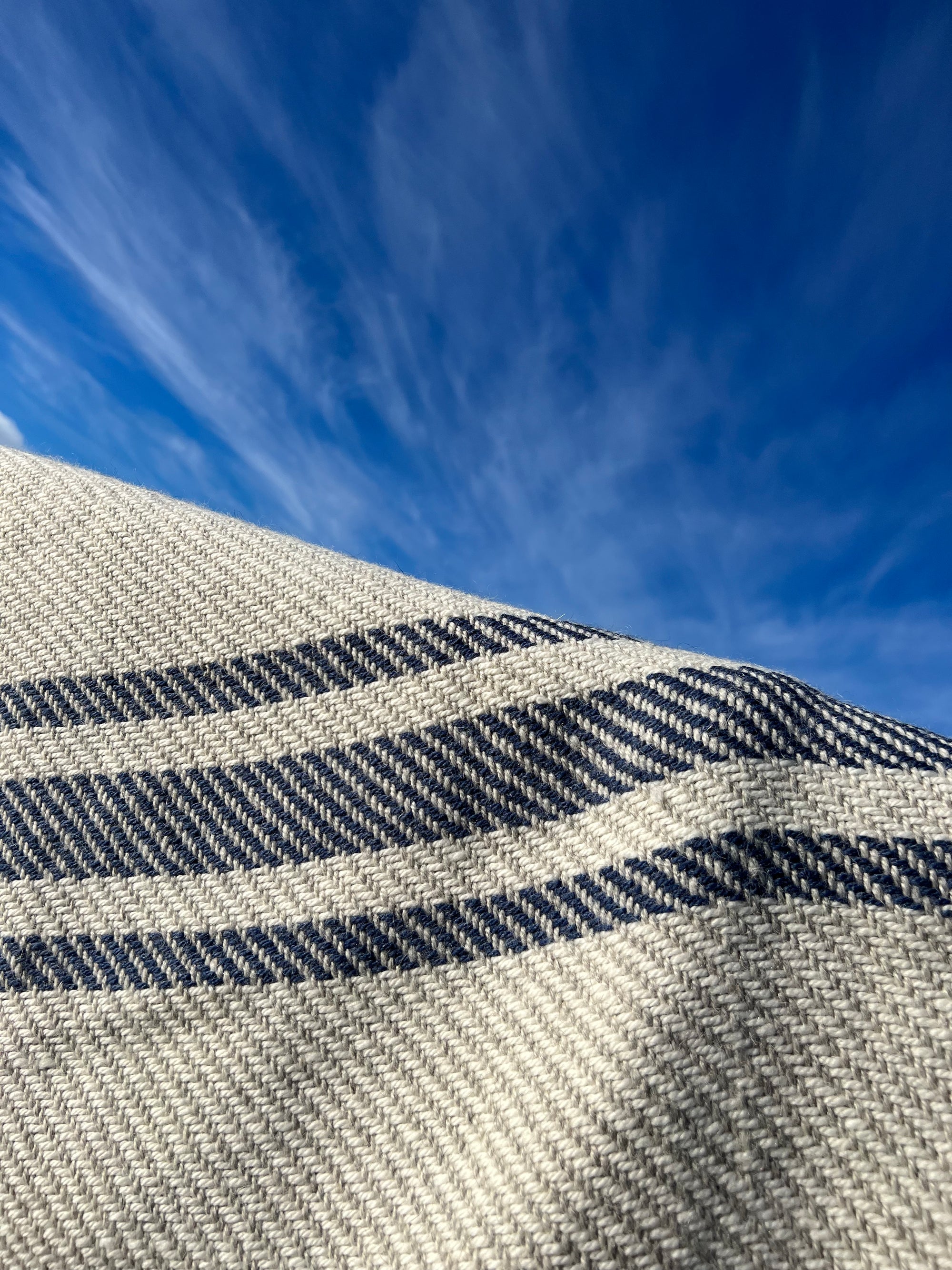 Chunky Blanket With Sewn Hem in White/Gray Twill With 3 Marine Blue Stripes