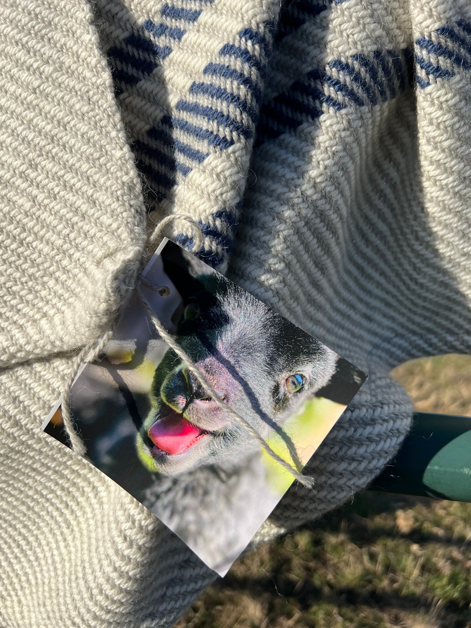 Chunky Blanket With Sewn Hem in White/Gray Twill With 3 Marine Blue Stripes