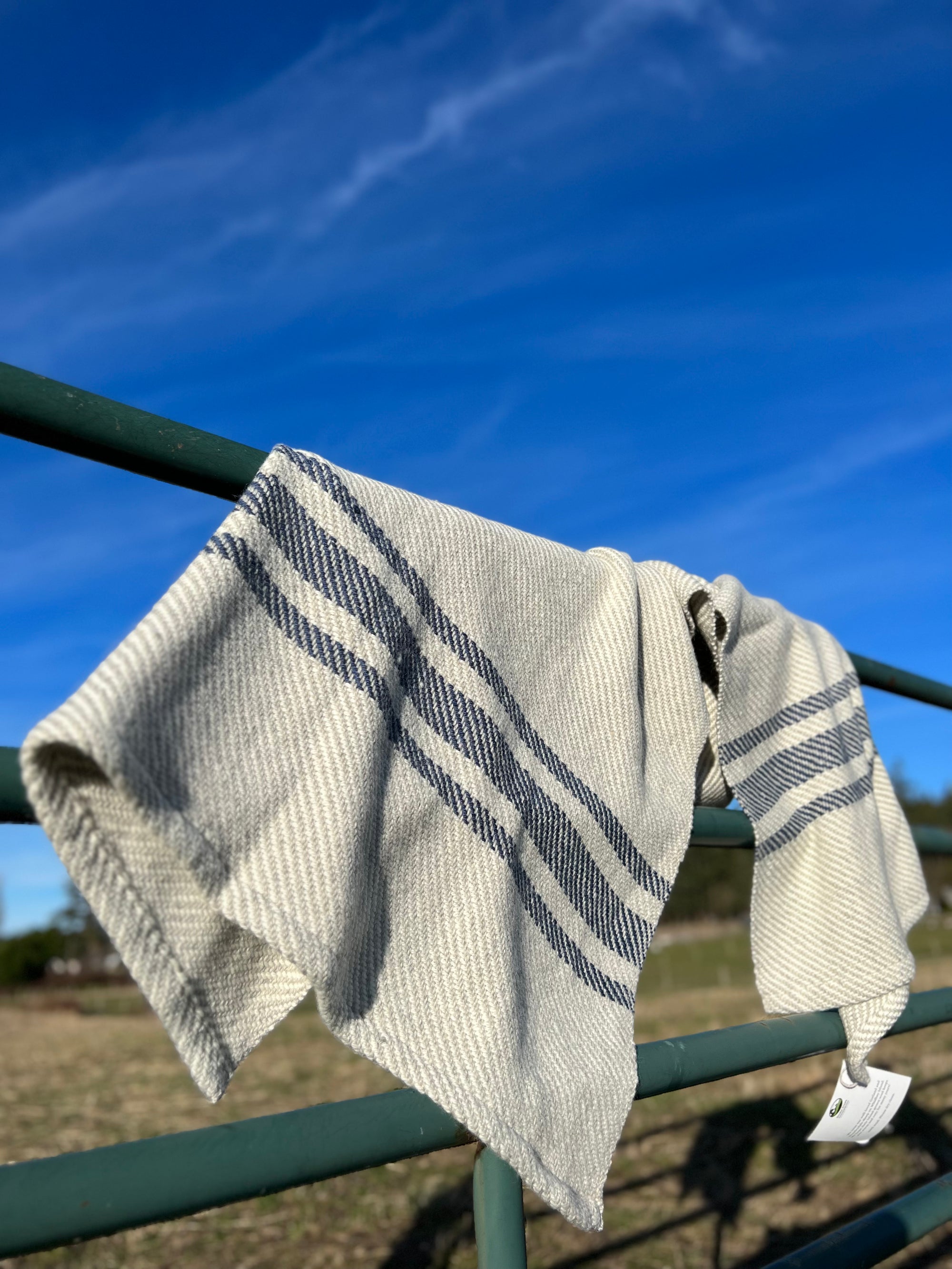 Chunky Blanket With Sewn Hem in White/Gray Twill With 3 Marine Blue Stripes