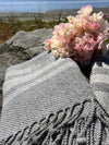 Finely Woven Throw With Twisted Fringe in Gray Twill With 3 Cream Stripes