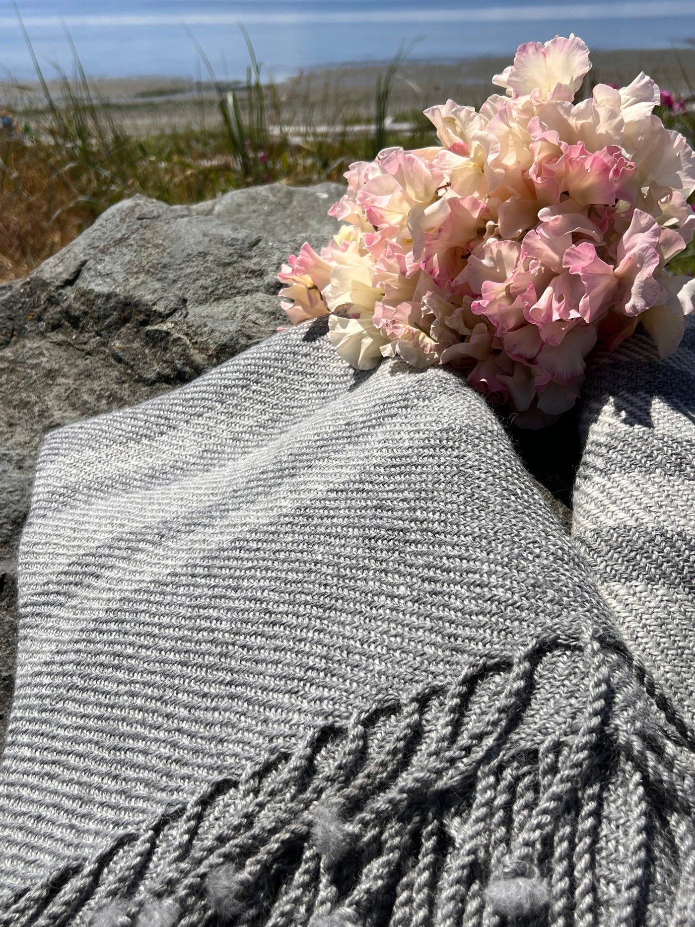 Finely Woven Throw With Twisted Fringe in Gray Twill With 3 Cream Stripes