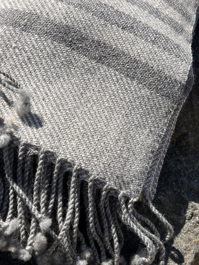 Finely Woven Throw With Twisted Fringe in White/Gray Twill With 4 Gray Stripes
