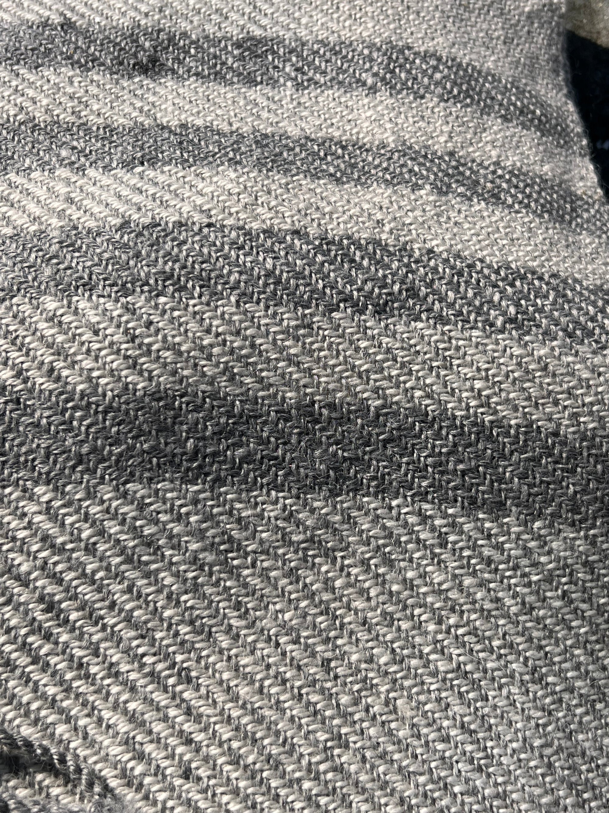 Finely Woven Throw With Twisted Fringe in White/Gray Twill With 4 Gray Stripes