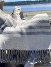 Finely Woven Throw With Twisted Fringe in White/Gray Twill With 4 Gray Stripes