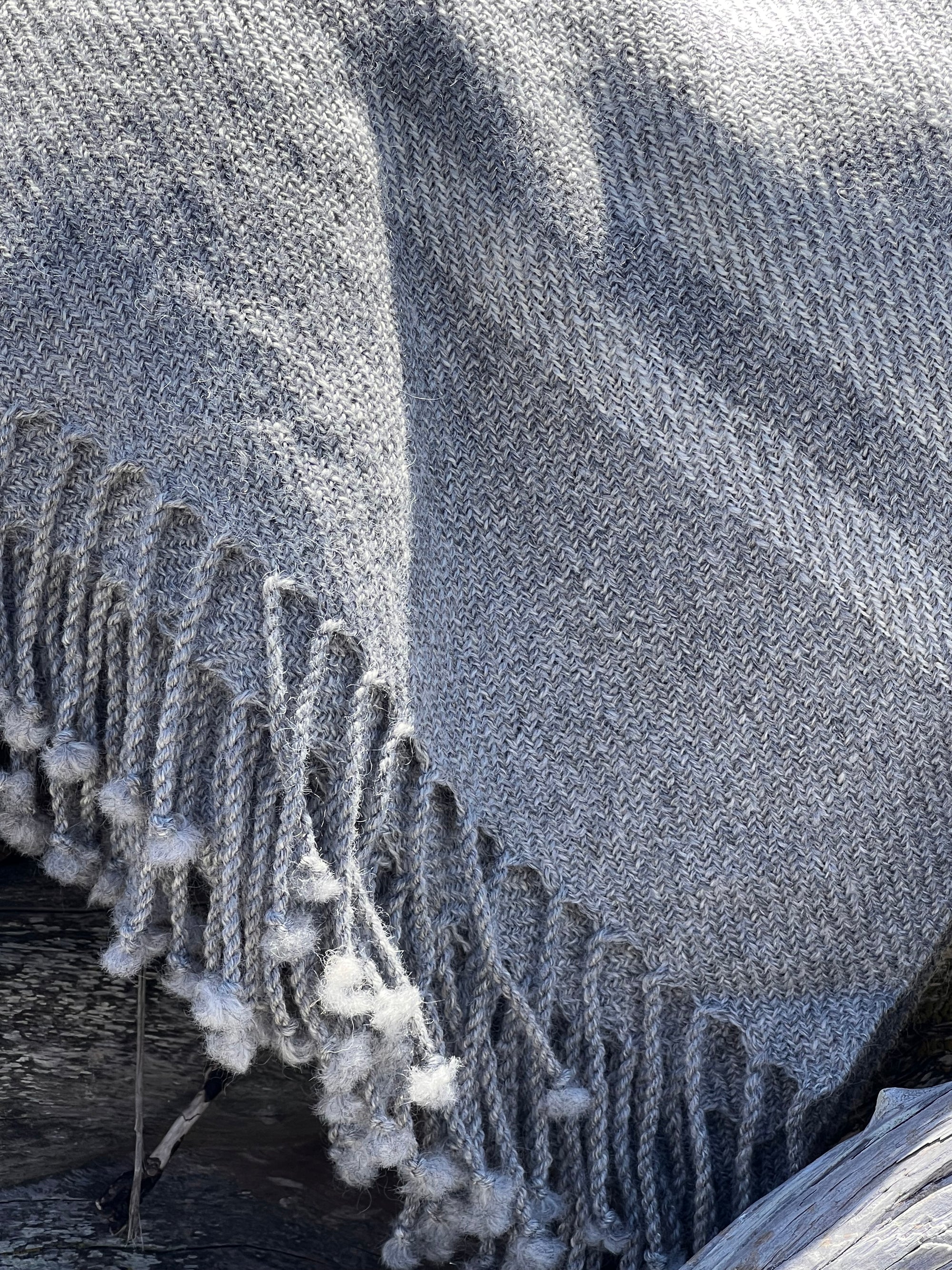 Finely Woven Throw With Twisted Fringe in Gray Twill With 3 Cream Stripes