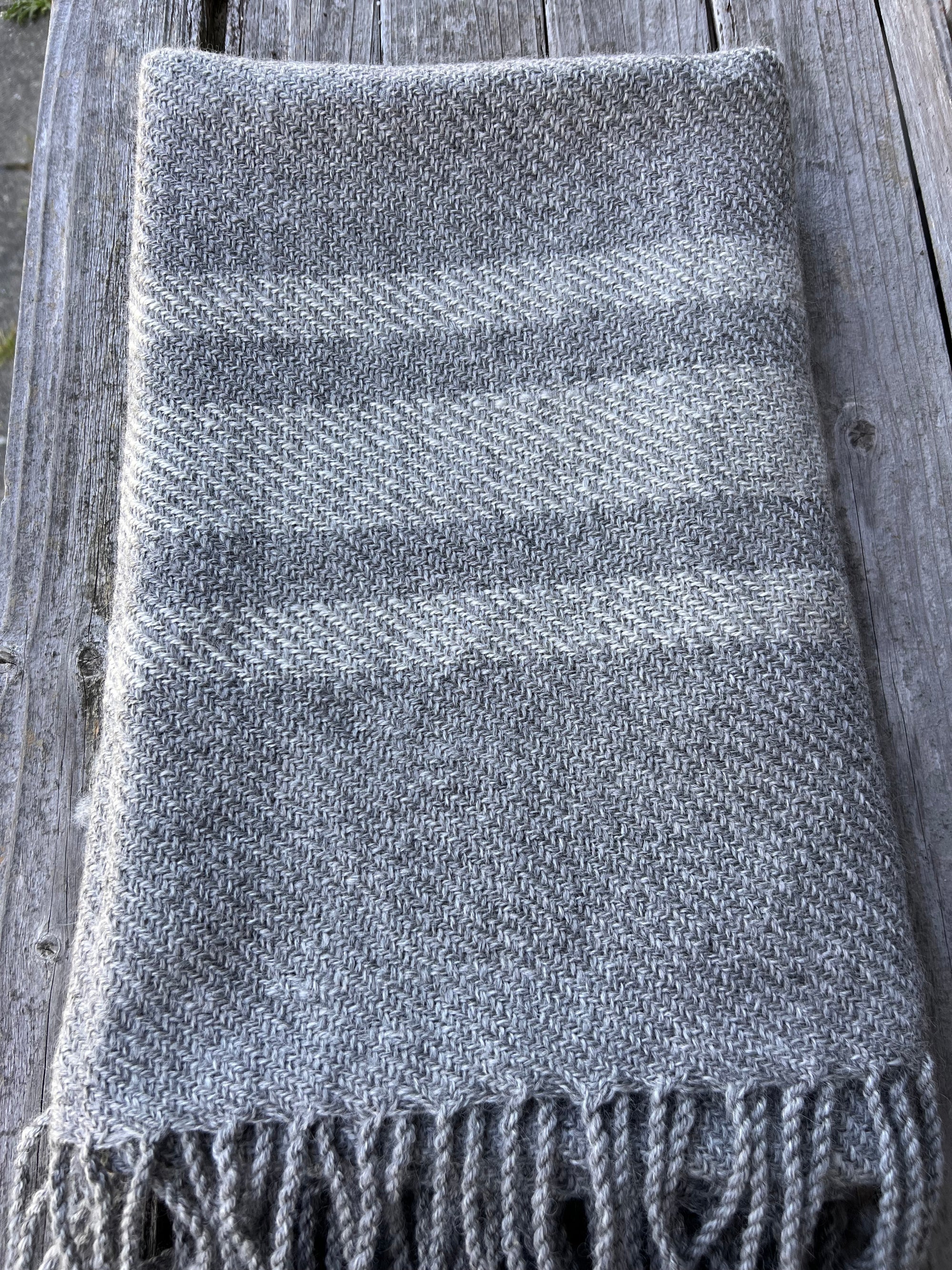Finely Woven Throw With Twisted Fringe in Gray Twill With 3 Cream Stripes