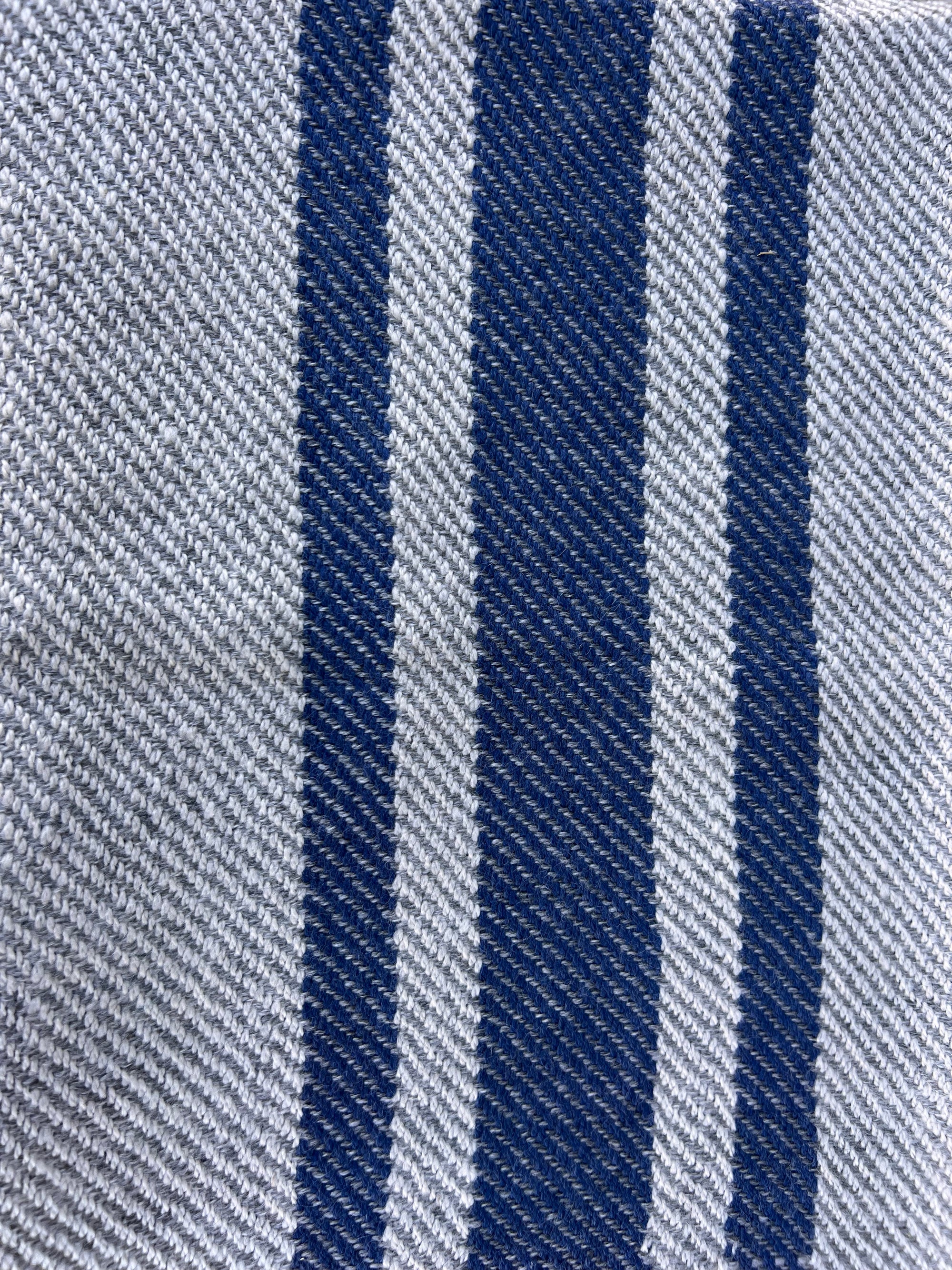 Finely Woven Throw With Twisted Fringe in White/Gray Twill With 3 Marine Blue Stripes