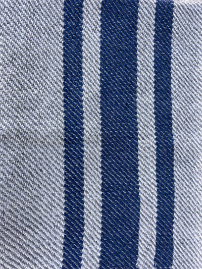 Finely Woven Throw With Twisted Fringe in White/Gray Twill With 3 Marine Blue Stripes
