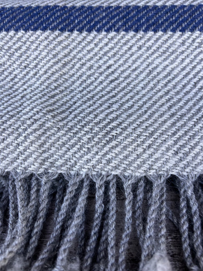 Finely Woven Throw With Twisted Fringe in White/Gray Twill With 3 Marine Blue Stripes