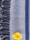 Finely Woven Throw with Twisted Fringe in Gray/White Twill With 4 Marine Blue Stripes