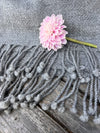 Finely Woven Throw With Twisted Fringe in Gray Herringbone