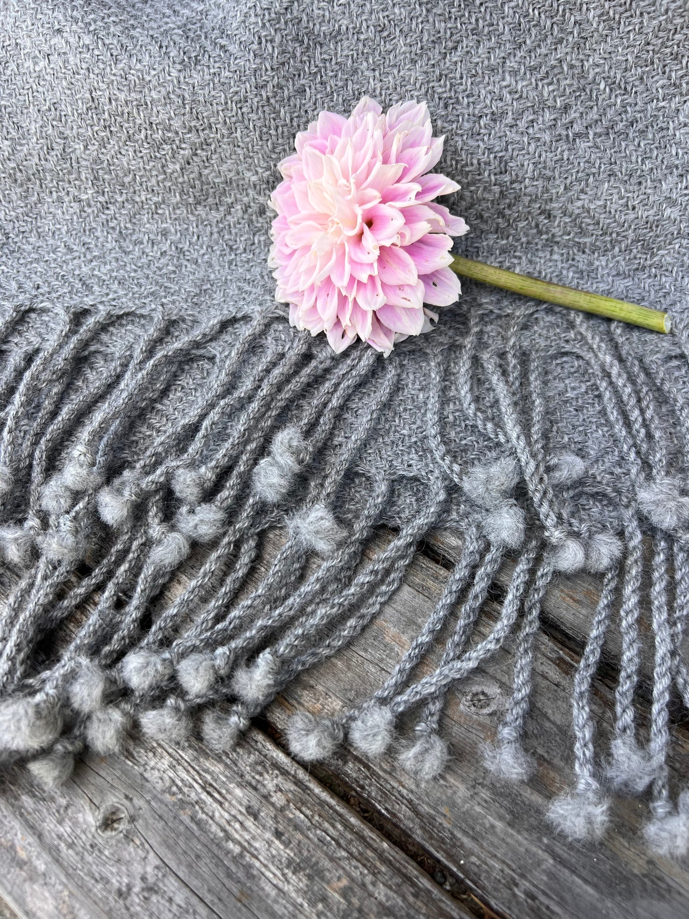 Finely Woven Throw With Twisted Fringe in Gray Herringbone