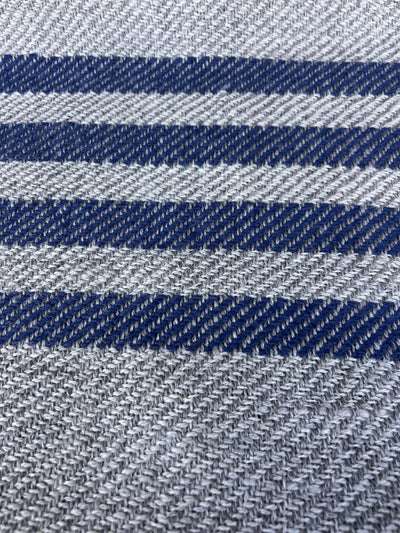 Finely Woven Throw with Twisted Fringe in Gray/White Twill With 4 Marine Blue Stripes