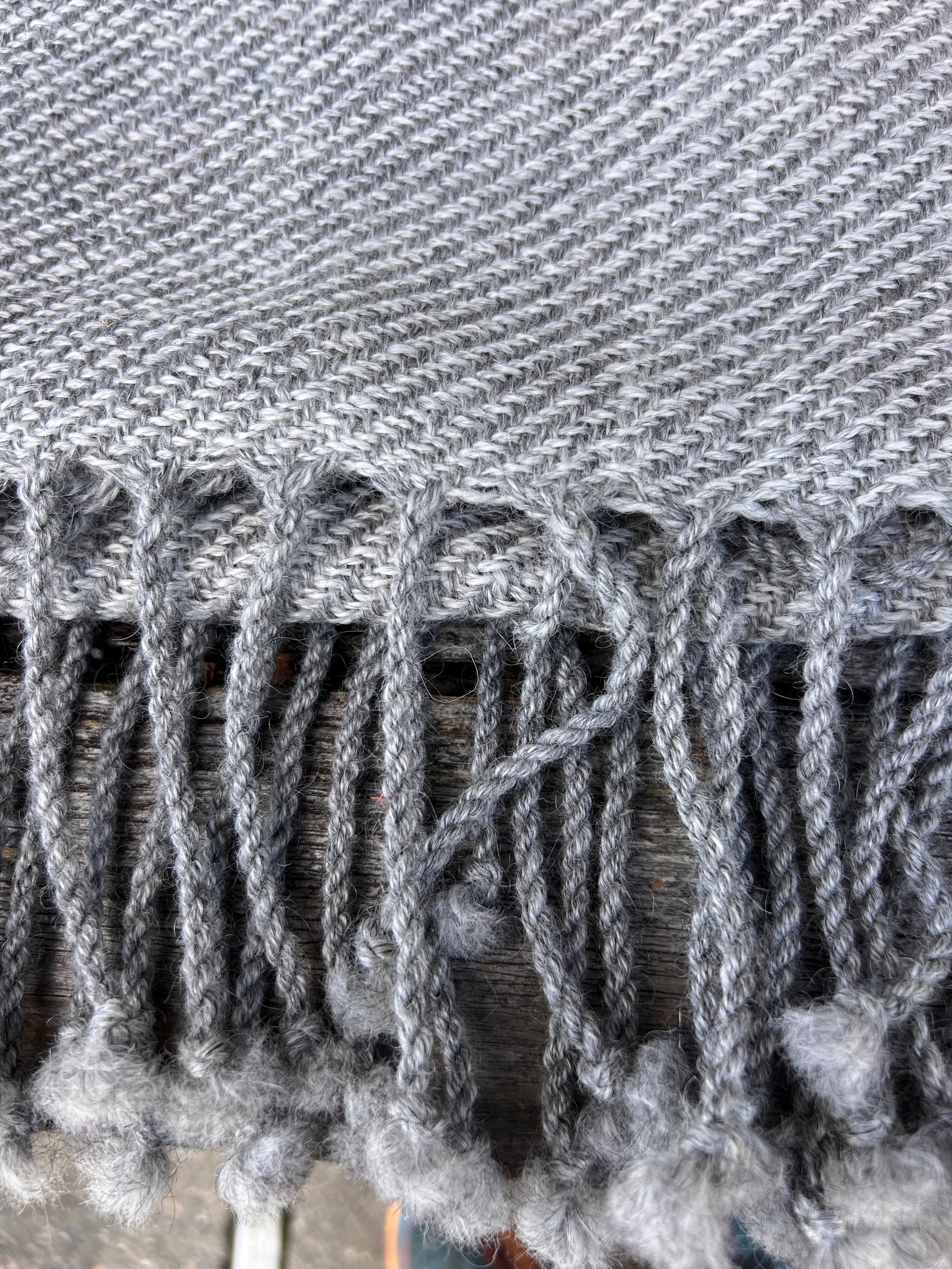 Finely Woven Throw With Twisted Fringe in Gray/White Twill With 3 Gray Stripes