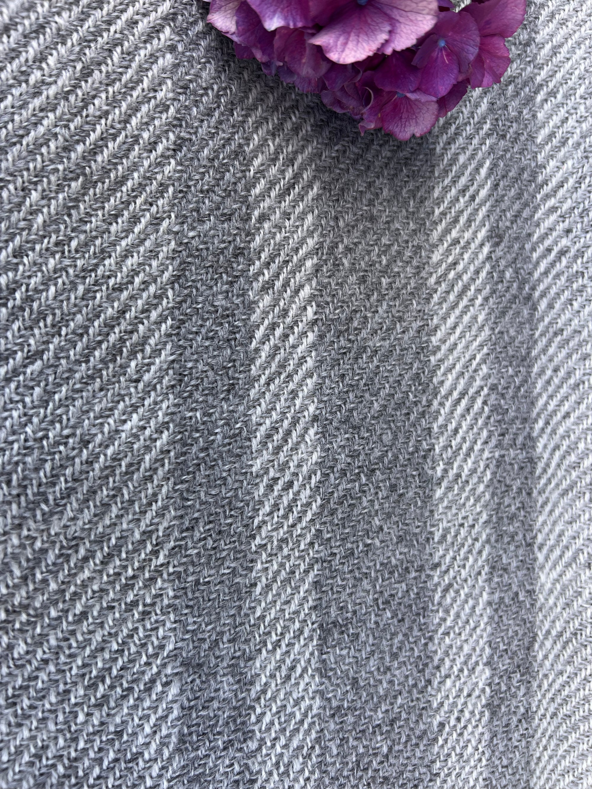 Finely Woven Throw With Twisted Fringe in Gray/White Twill With 3 Gray Stripes