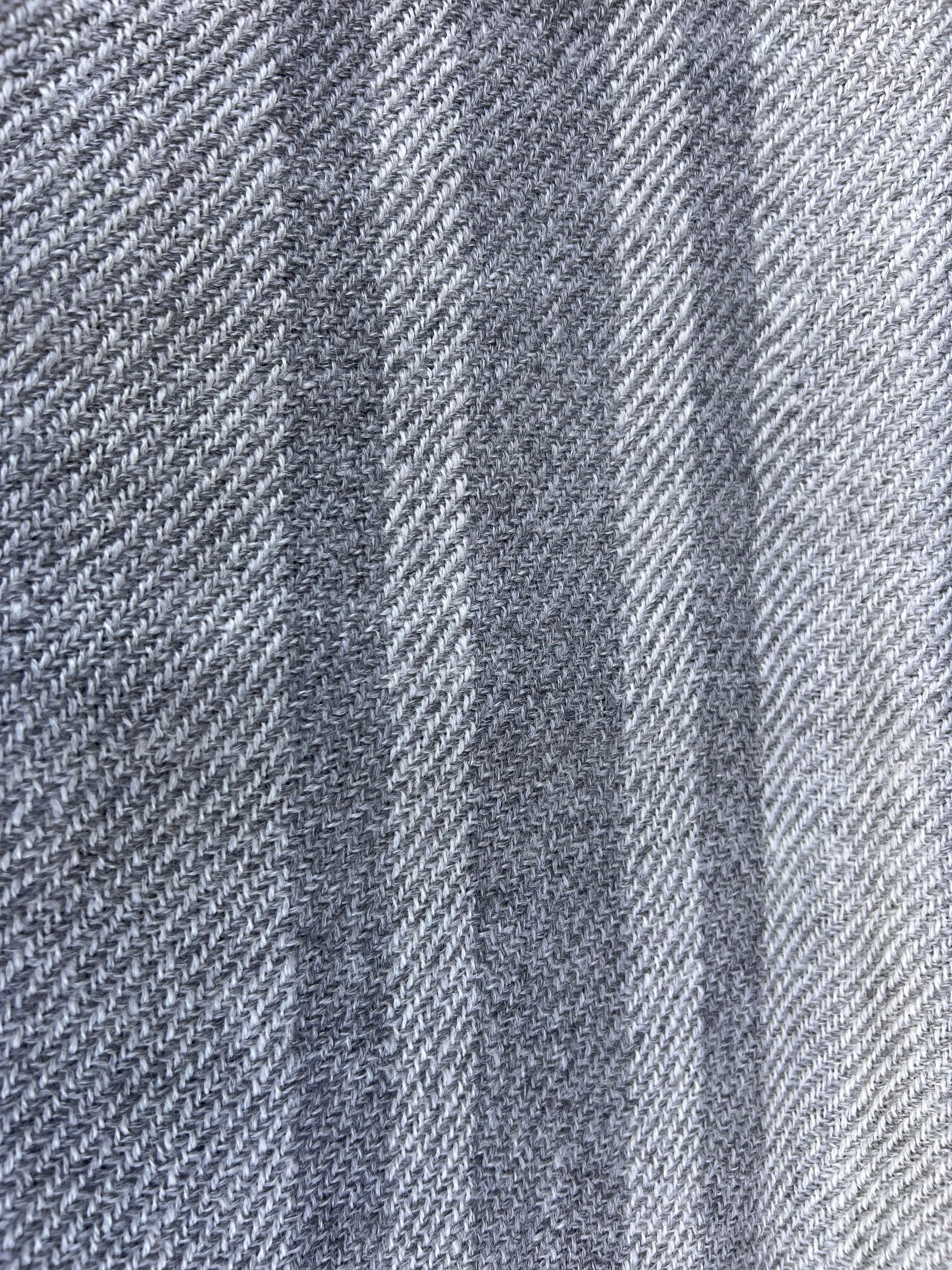 Finely Woven Throw With Twisted Fringe in Gray/White Twill With 3 Gray Stripes