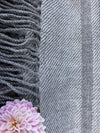 Finely Woven Throw With Twisted Fringe in Gray/White Twill With 3 Gray Stripes