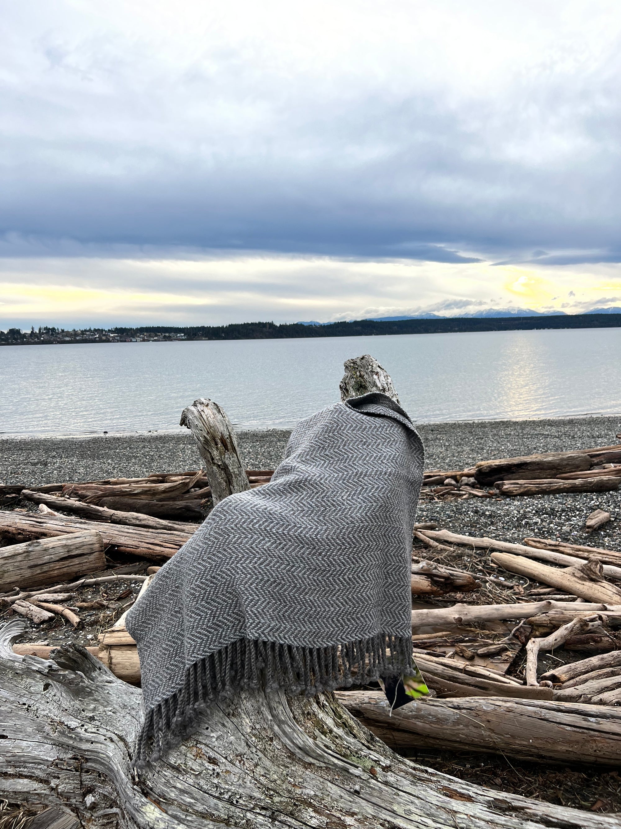 Chunky Throw With Twisted Fringe in Light Gray/Charcoal Gray Herringbone
