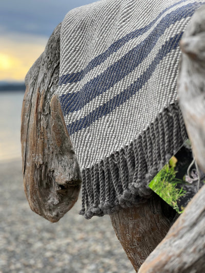 Chunky Throw With Twisted Fringe in Gray/White Twill With 3 Marine Blue Stripes