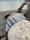 Chunky Throw With Twisted Fringe in Gray/White Twill With 3 Marine Blue Stripes