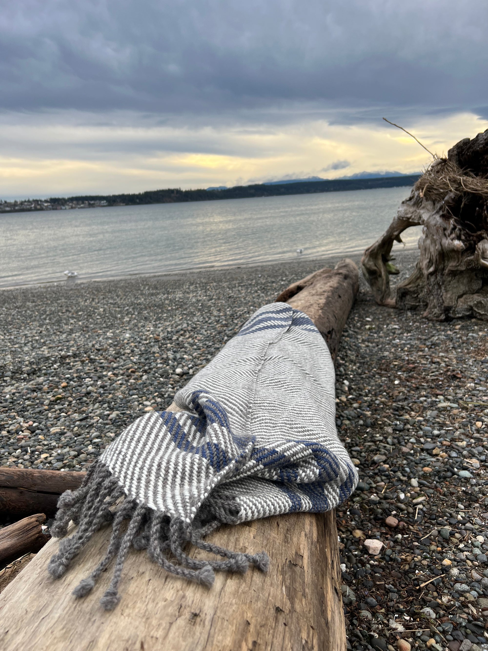Chunky Throw With Twisted Fringe in Gray/White Twill With 3 Marine Blue Stripes